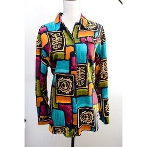 Christie & Jill Shirt Button down M Colorful Abstract art to wear Bright Vintage